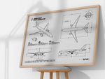 Boeing B777-200ER Landscape Blueprint Poster by FlyKit showing detailed aircraft design in a wooden frame