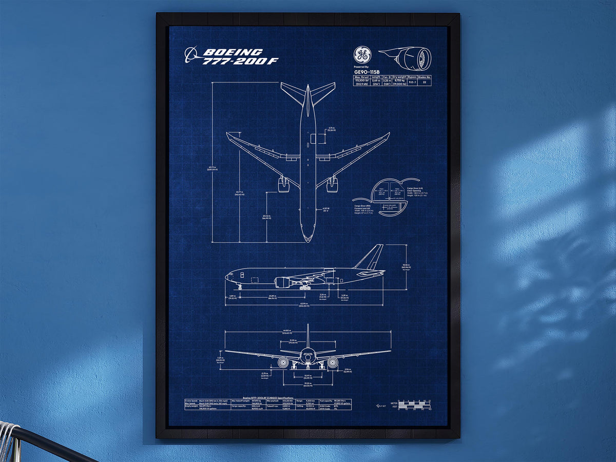 Boeing B777-200F Portrait Blueprint Poster in blue with technical aircraft design and measurements