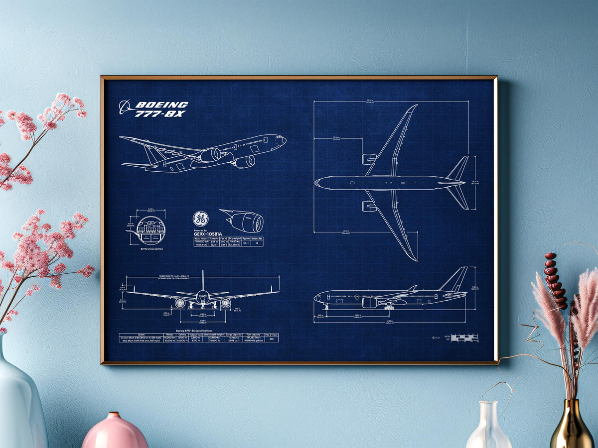 FlyKit Boeing B777-8 Landscape Blueprint Poster showing detailed aircraft design in blue and white