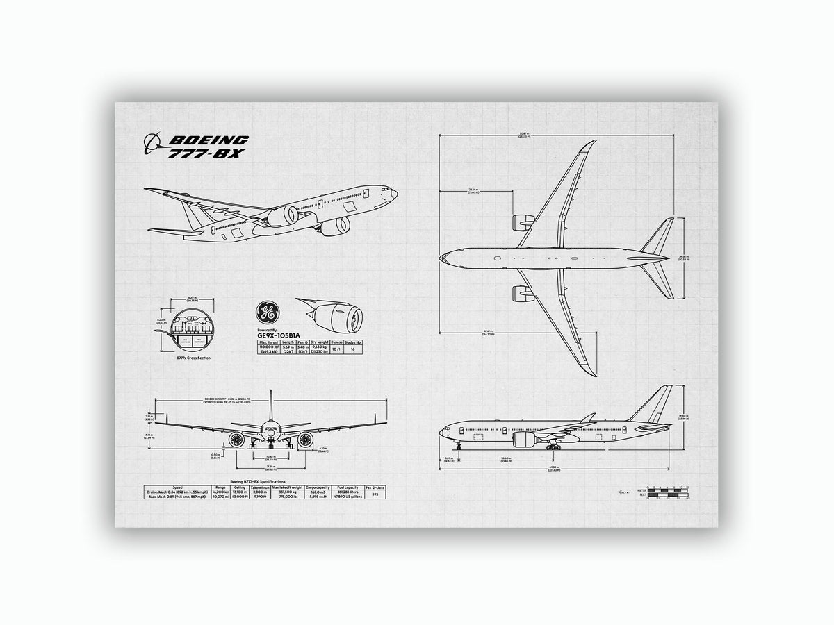 FlyKit Boeing B777-8 Landscape Blueprint Poster showing detailed technical aircraft design views