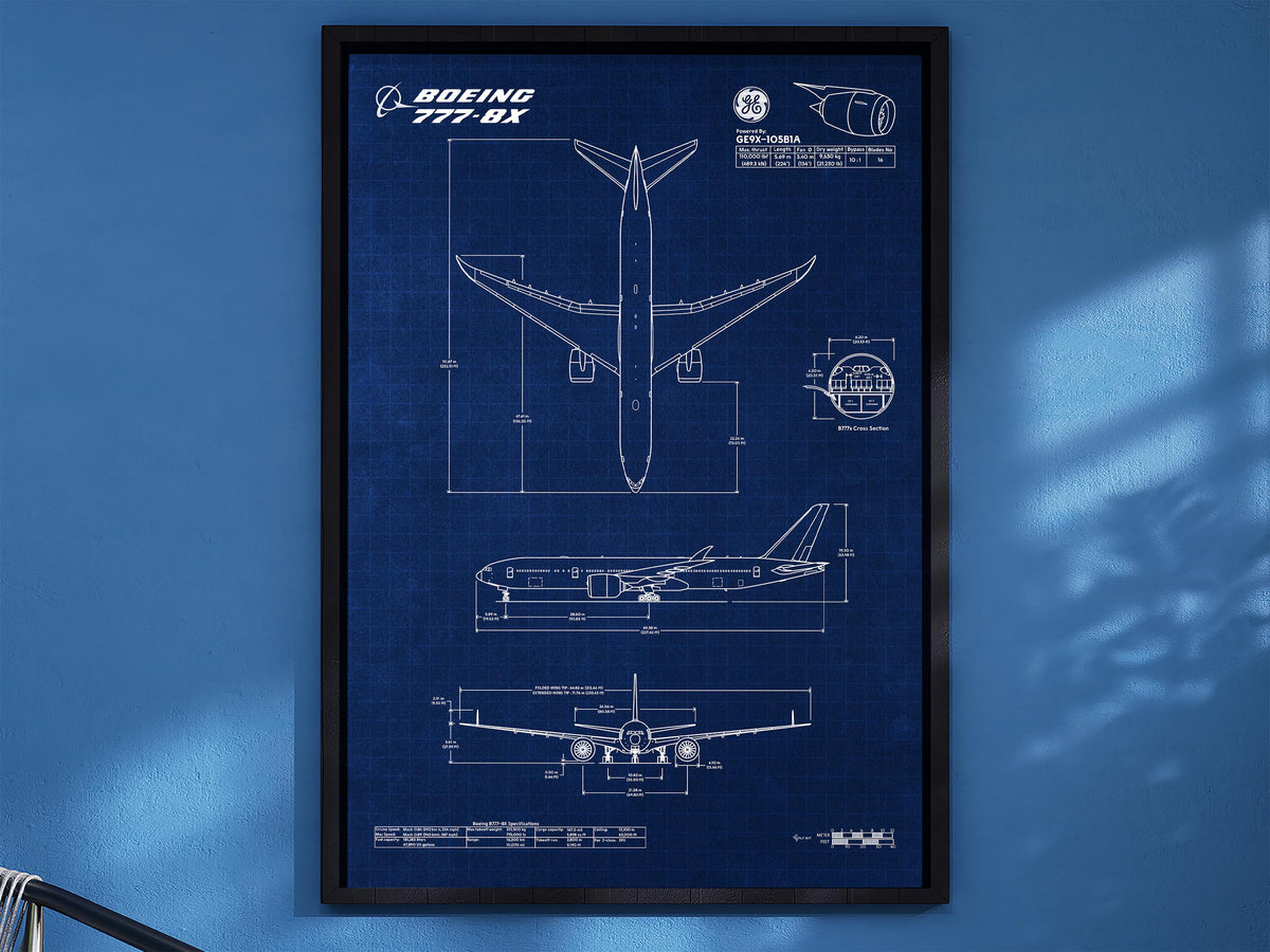 FlyKit Boeing B777-8 Portrait Blueprint Poster detailed technical print of aircraft design in a black frame