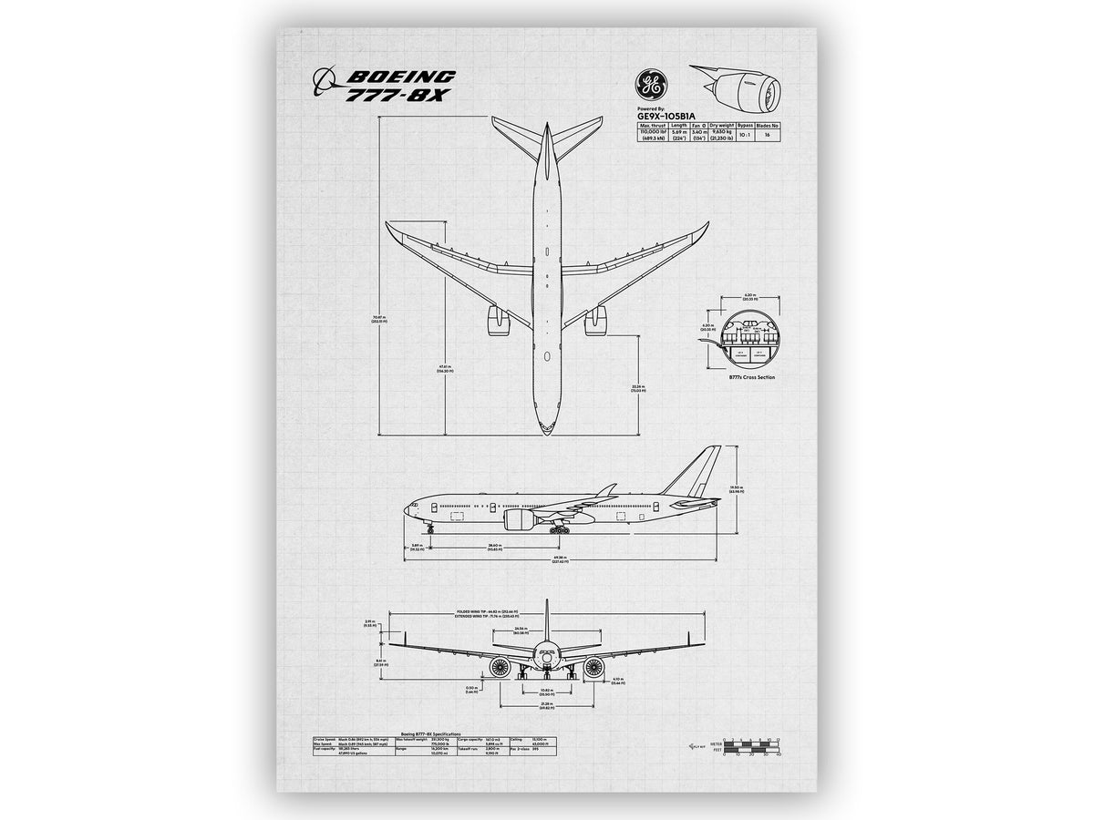 Boeing B777-8 Portrait Blueprint Poster by FlyKit showing detailed aircraft technical drawings
