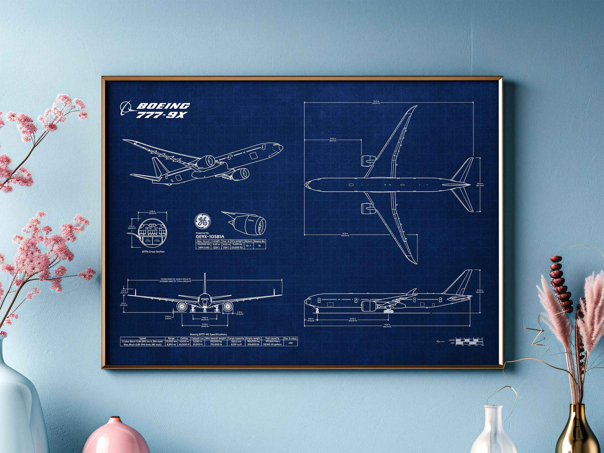 Boeing B777-9 Landscape Blueprint Poster by FlyKit depicting detailed technical aircraft drawings on a blue background