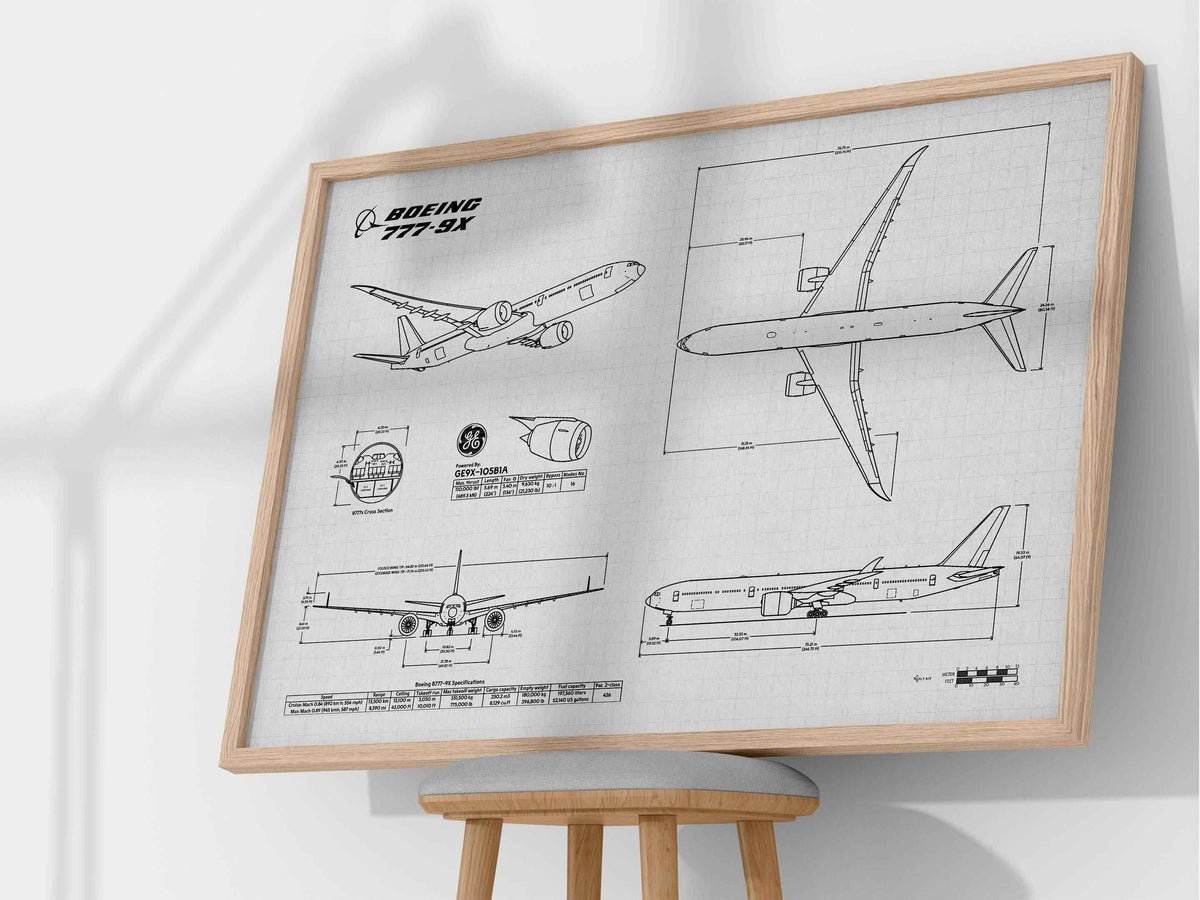 Boeing B777-9 Landscape Blueprint Poster by FlyKit showing technical airplane design in detailed black and white drawing