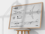 Boeing B777-9 Landscape Blueprint Poster by FlyKit showing technical airplane design in detailed black and white drawing