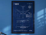 Boeing B787-8 Portrait Blueprint Poster by FlyKit with detailed technical aircraft design on blue background