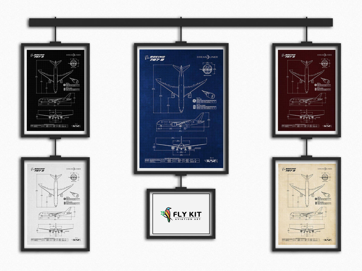 Boeing B787-8 Portrait Blueprint Poster by FlyKit in five color variations displayed hanging on wall