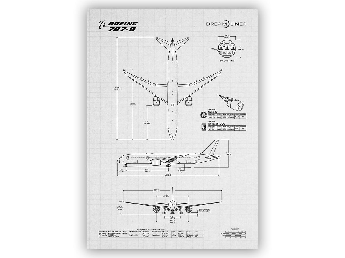 Boeing B787-9 Portrait Blueprint Poster showing detailed aircraft technical drawings and measurements by FlyKit