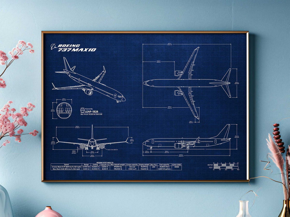 Boeing B737 MAX 10 Portrait Blueprint Poster by FlyKit showing detailed aircraft schematics on blue background