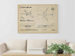 Boeing B787-10 Landscape Blueprint Poster by FlyKit hanging above couch in living room