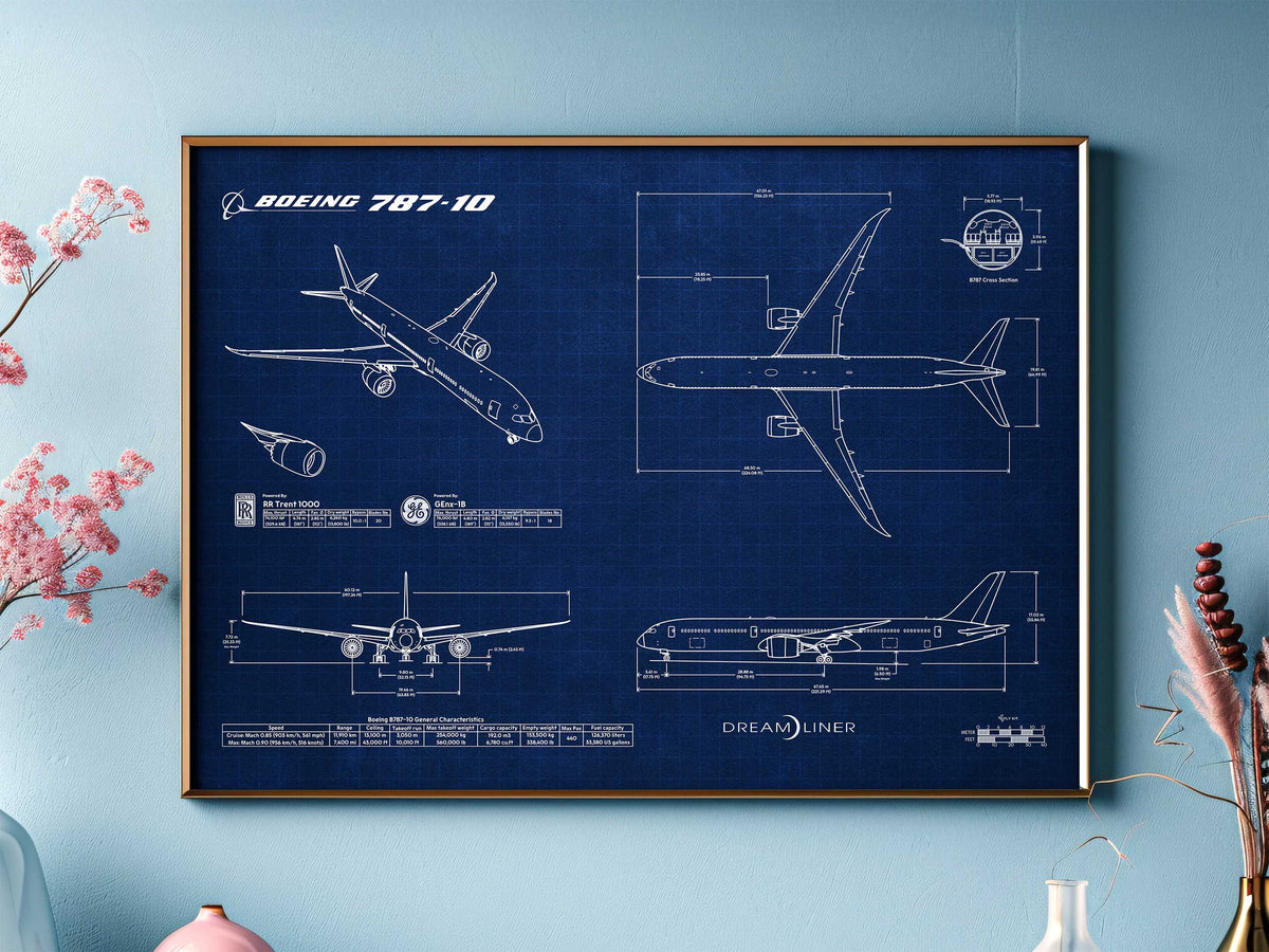 Boeing B787-10 Landscape Blueprint Poster showing detailed aircraft design in white on blue background