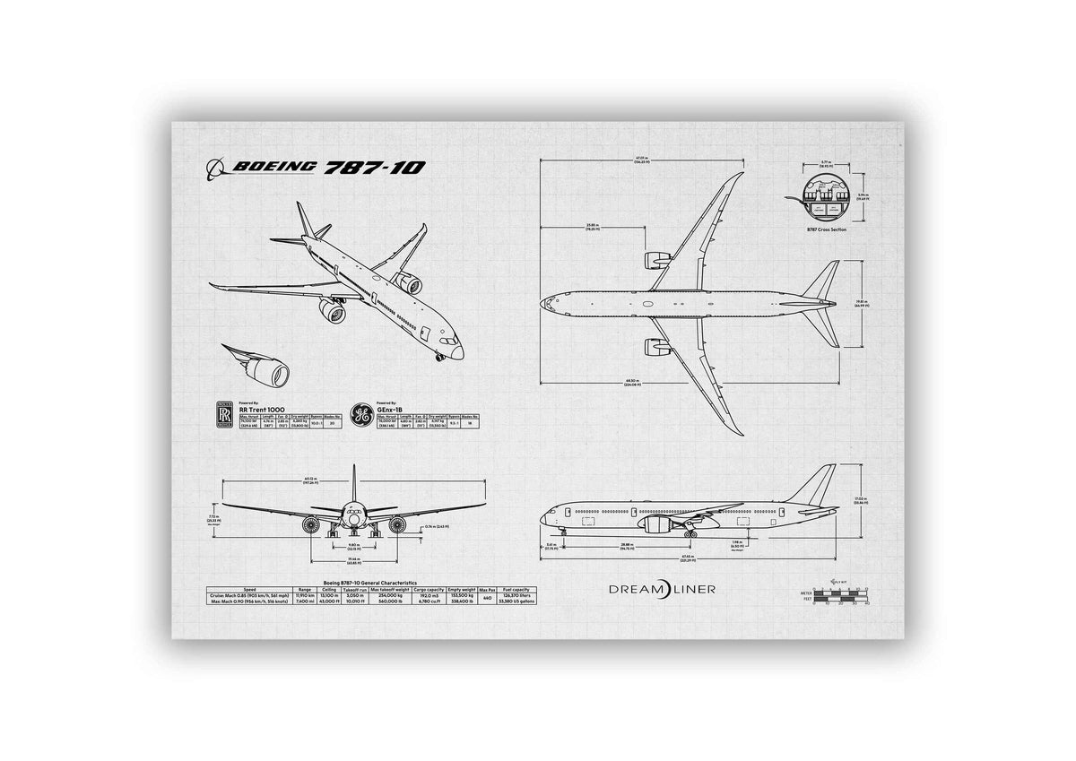 Boeing B787-10 Landscape Blueprint Poster showing detailed technical drawings of airplane views