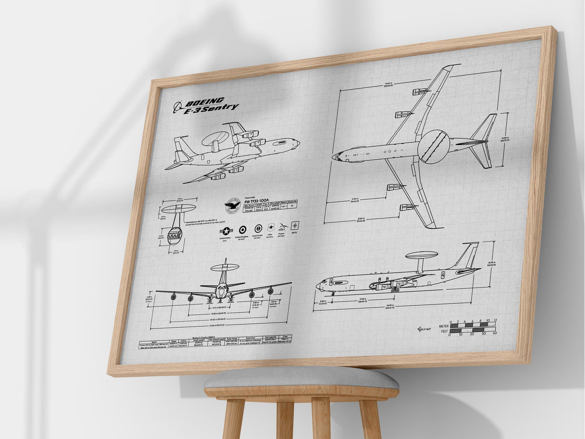 FlyKit Boeing E-3 Sentry Landscape Blueprint Poster showing detailed aircraft technical drawings