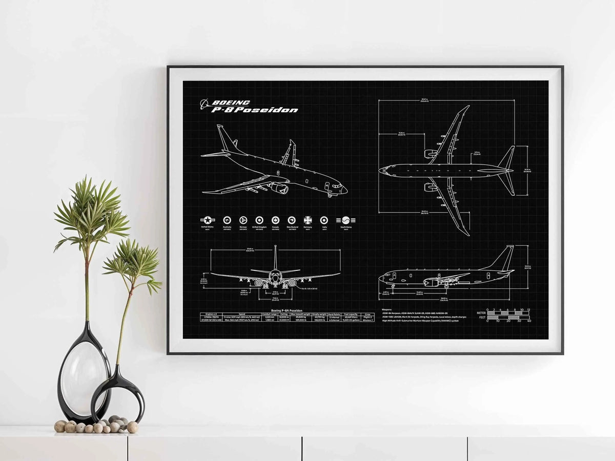FlyKit Boeing P-8 Poseidon Landscape Blueprint poster with detailed aircraft schematics on black background