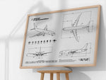 FlyKit poster featuring Boeing P-8 Poseidon landscape blueprint with detailed aircraft technical drawings