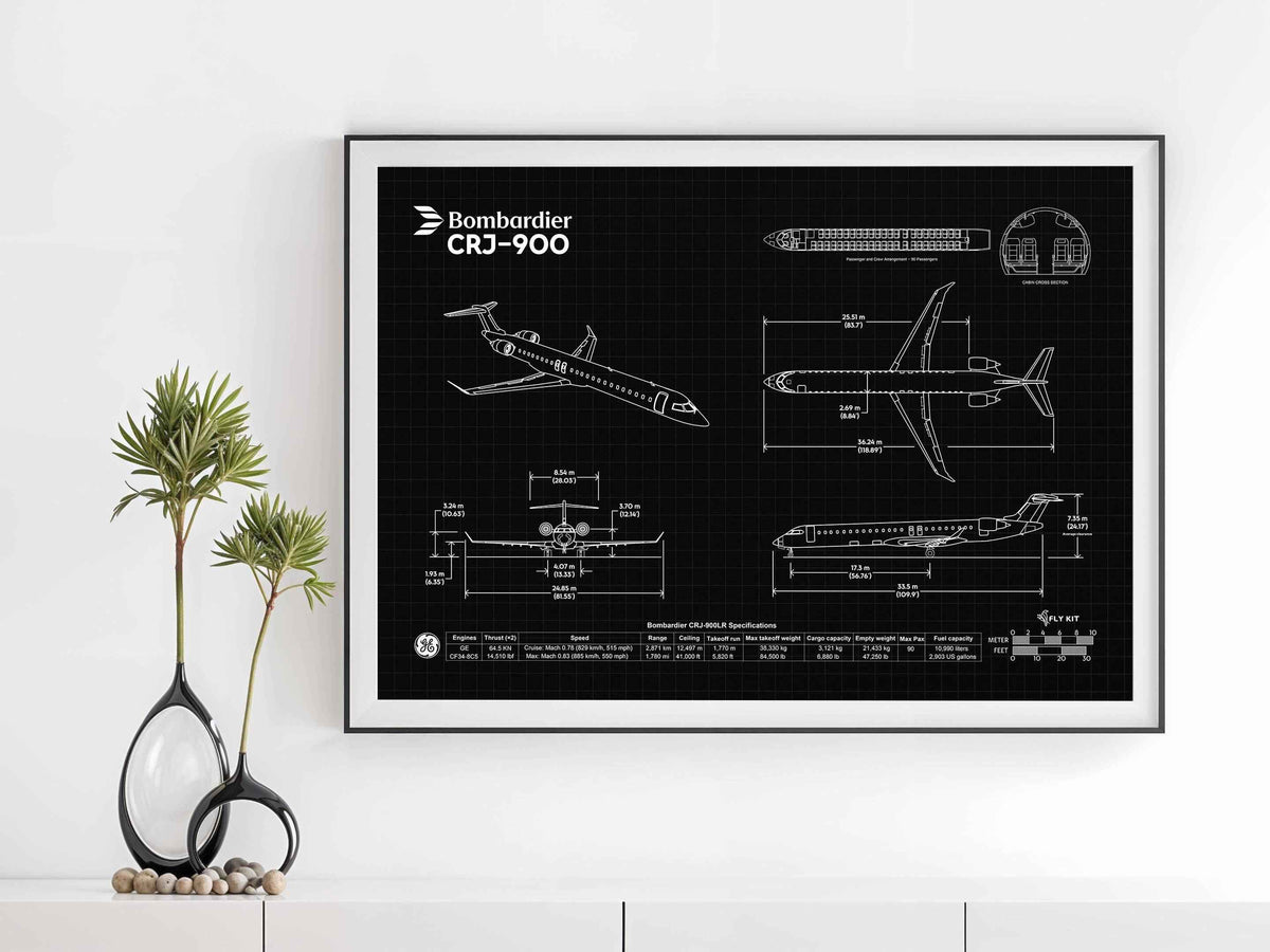Bombardier CRJ-900 Landscape Blueprint Poster by FlyKit showing detailed aircraft design in black and white
