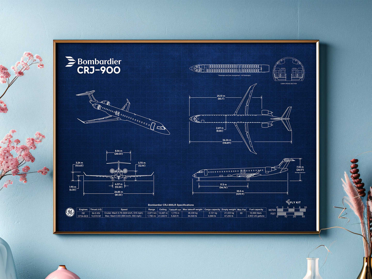 Bombardier CRJ-900 Landscape Blueprint Poster by FlyKit showing detailed airplane design and measurements in blue and white