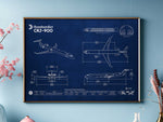 Bombardier CRJ-900 Landscape Blueprint Poster by FlyKit showing detailed airplane design and measurements in blue and white