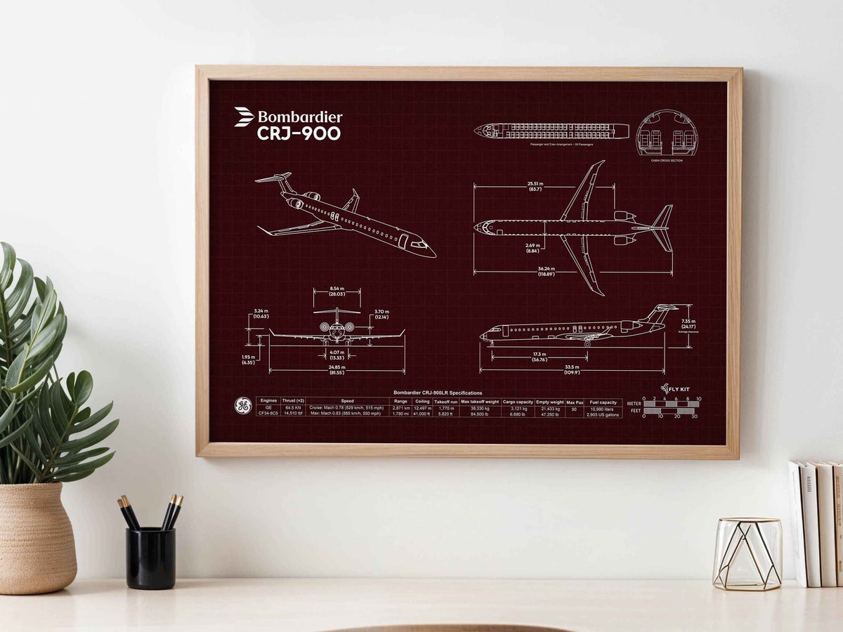 Bombardier CRJ-900 Landscape Blueprint Poster by FlyKit showing detailed aircraft design in white on maroon background