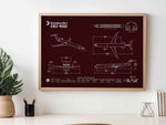 Bombardier CRJ-900 Landscape Blueprint Poster by FlyKit showing detailed aircraft design in white on maroon background