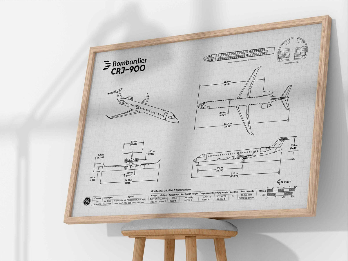 FlyKit Bombardier CRJ-900 Landscape Blueprint Poster showing detailed aircraft design and dimensions