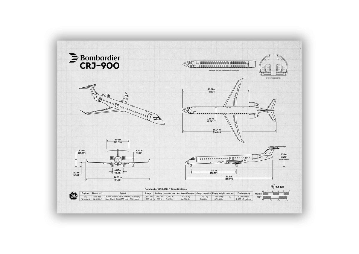Bombardier CRJ-900 Landscape Blueprint Poster showing detailed aircraft technical drawings and specifications