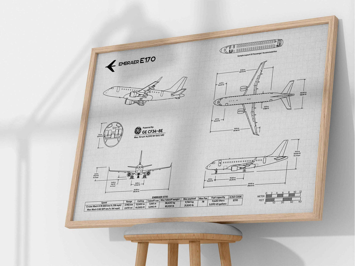 Embraer E170 Landscape Blueprint Poster by FlyKit showing detailed aircraft technical drawings