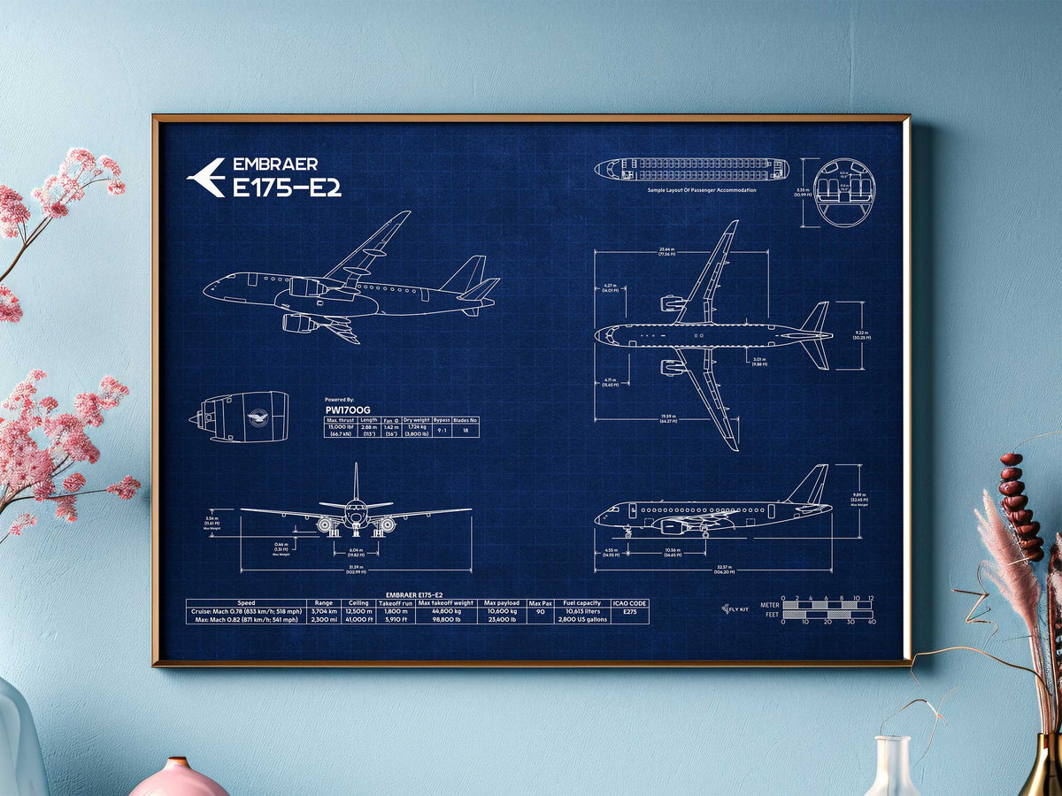 Embraer E175-E2 Landscape Blueprint Poster by FlyKit showing detailed aircraft technical drawings in blue and white