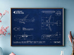 Embraer E175-E2 Landscape Blueprint Poster by FlyKit showing detailed aircraft technical drawings in blue and white