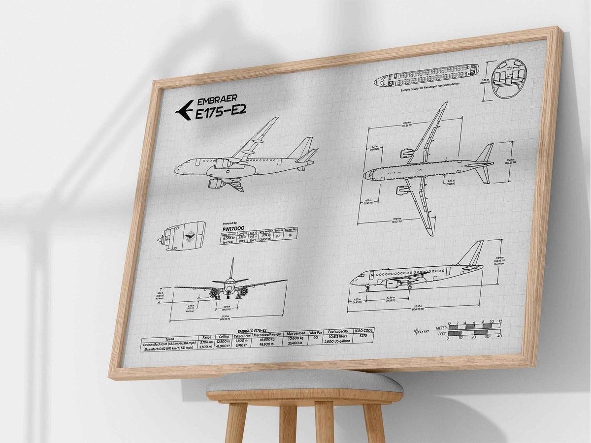 FlyKit Embraer E175-E2 Landscape Blueprint Poster showing detailed aircraft technical drawings in landscape format