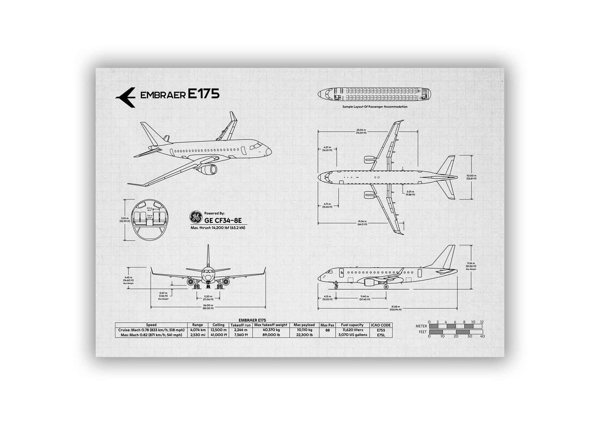 Embraer E175 Landscape Blueprint Poster by FlyKit showing detailed aircraft dimensions and design