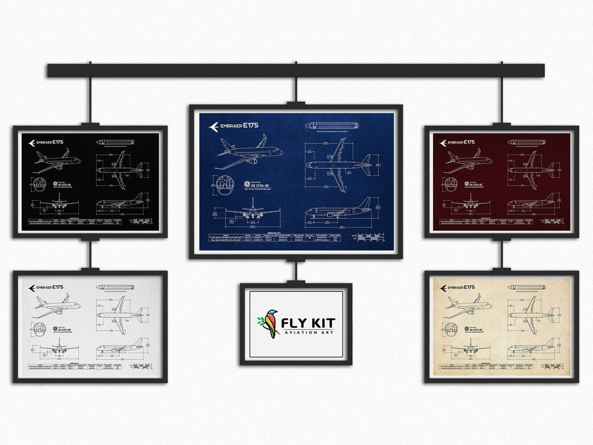 FlyKit Embraer E175 Landscape Blueprint Poster in multiple color options showcasing detailed aircraft design