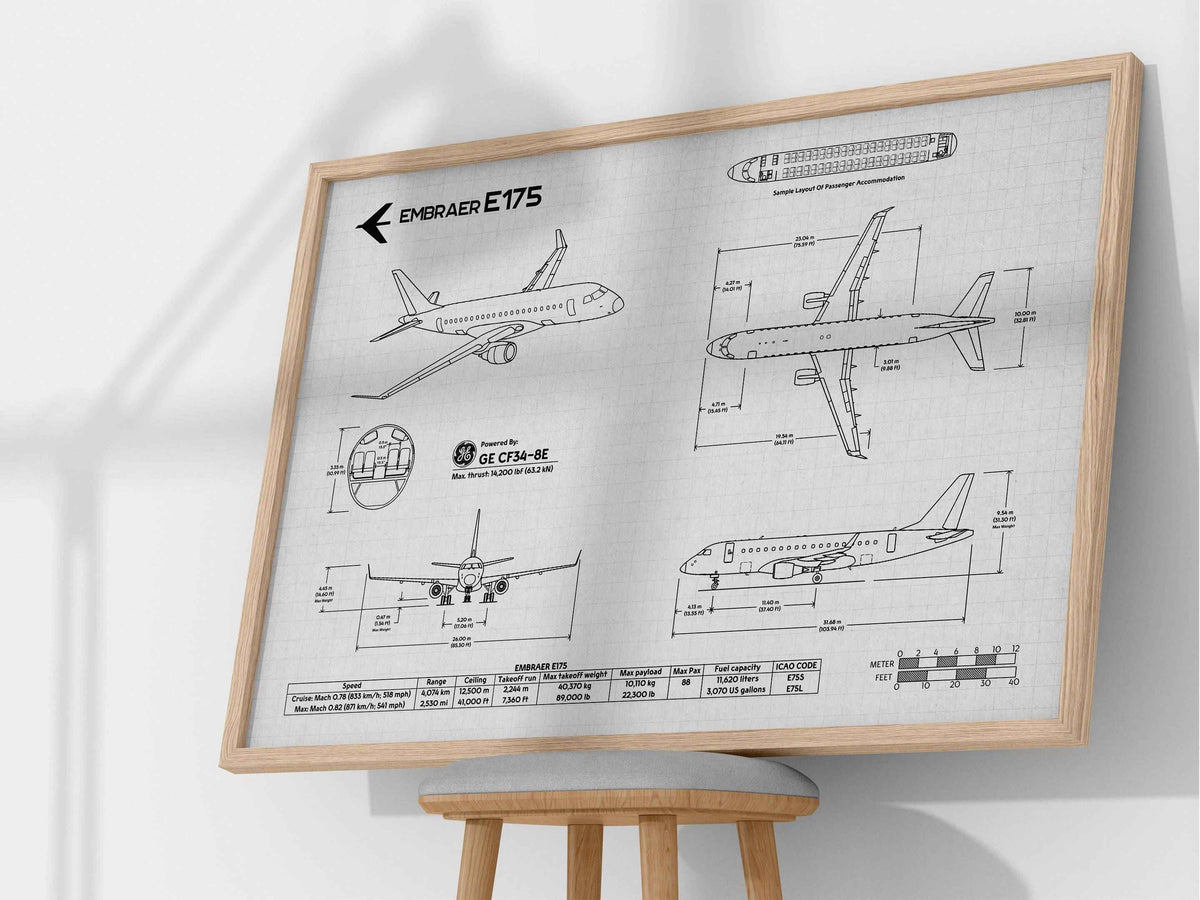 FlyKit Embraer E175 Landscape Blueprint Poster showing detailed aircraft design and specifications