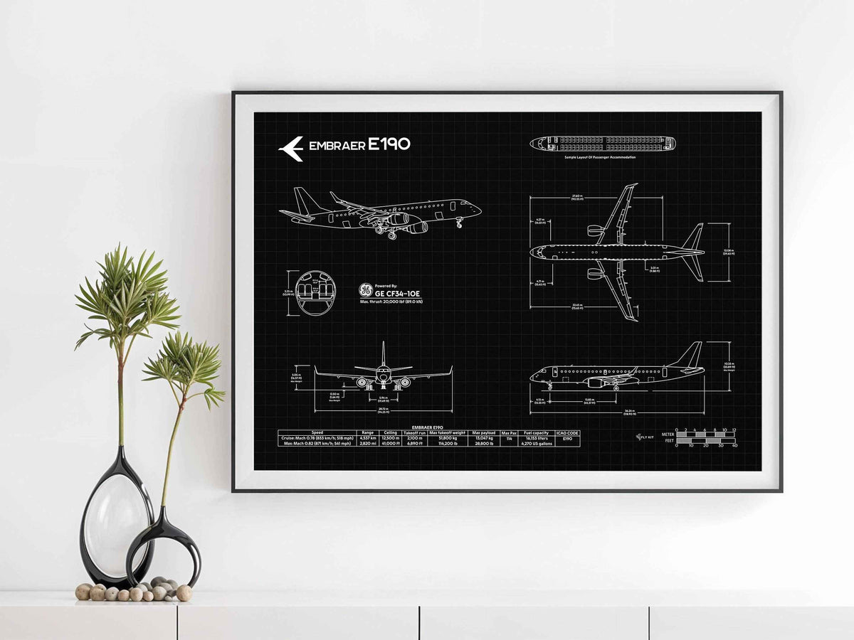 Embraer E190 Landscape Blueprint Poster by FlyKit showing detailed aircraft technical drawings on black background