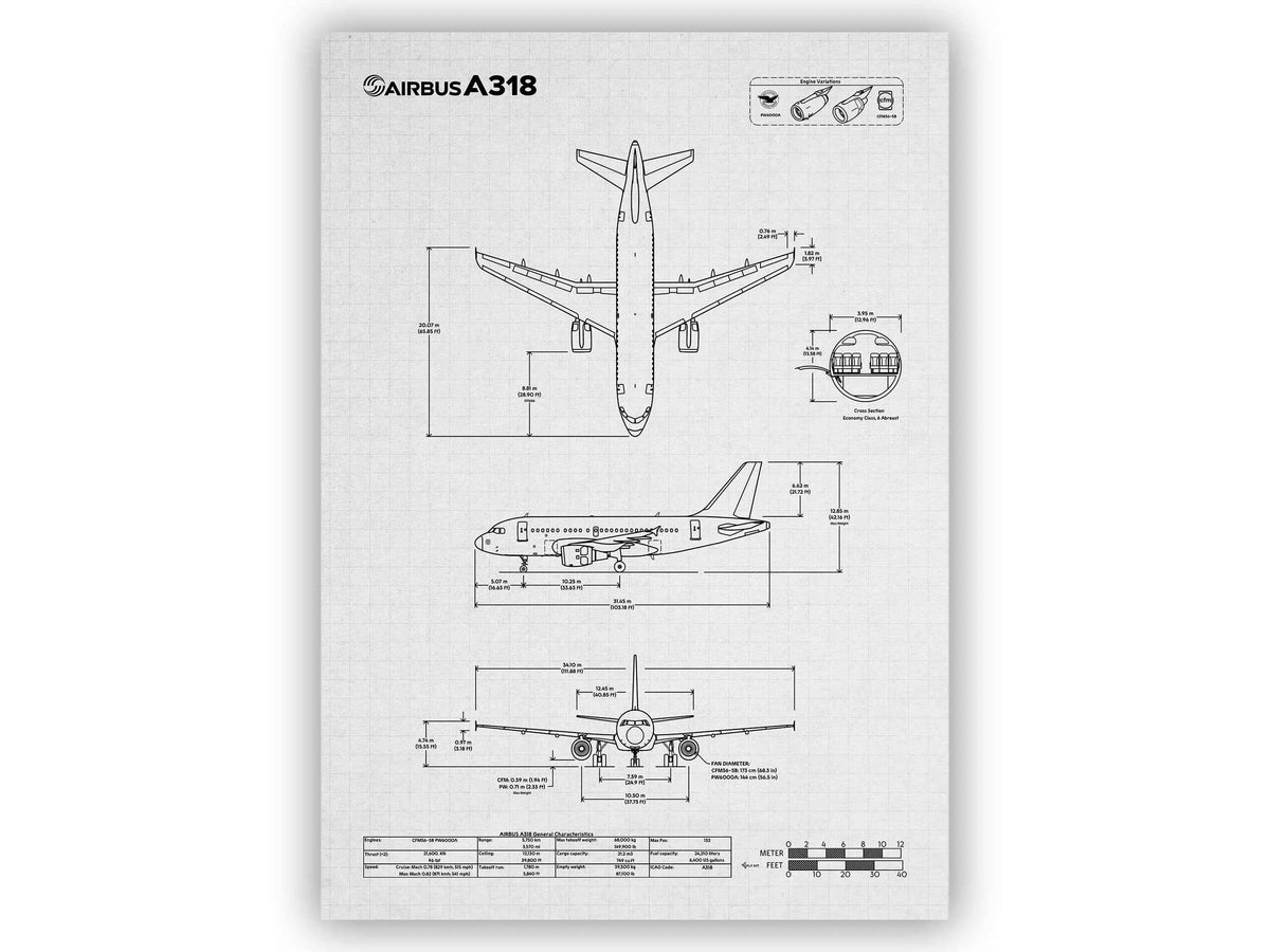 Airbus A318 Portrait Blueprint Poster by FlyKit showing detailed aircraft technical drawings and measurements