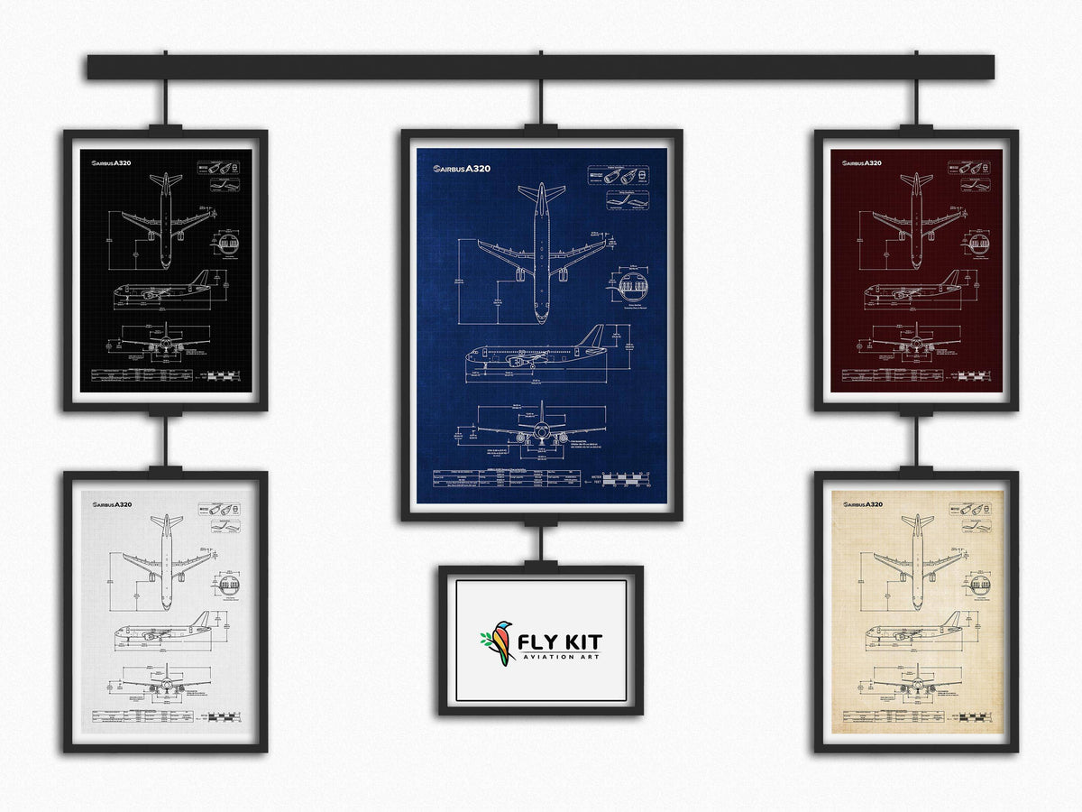 Airbus A320 Portrait Blueprint Poster by FlyKit showing technical airplane design in five color options