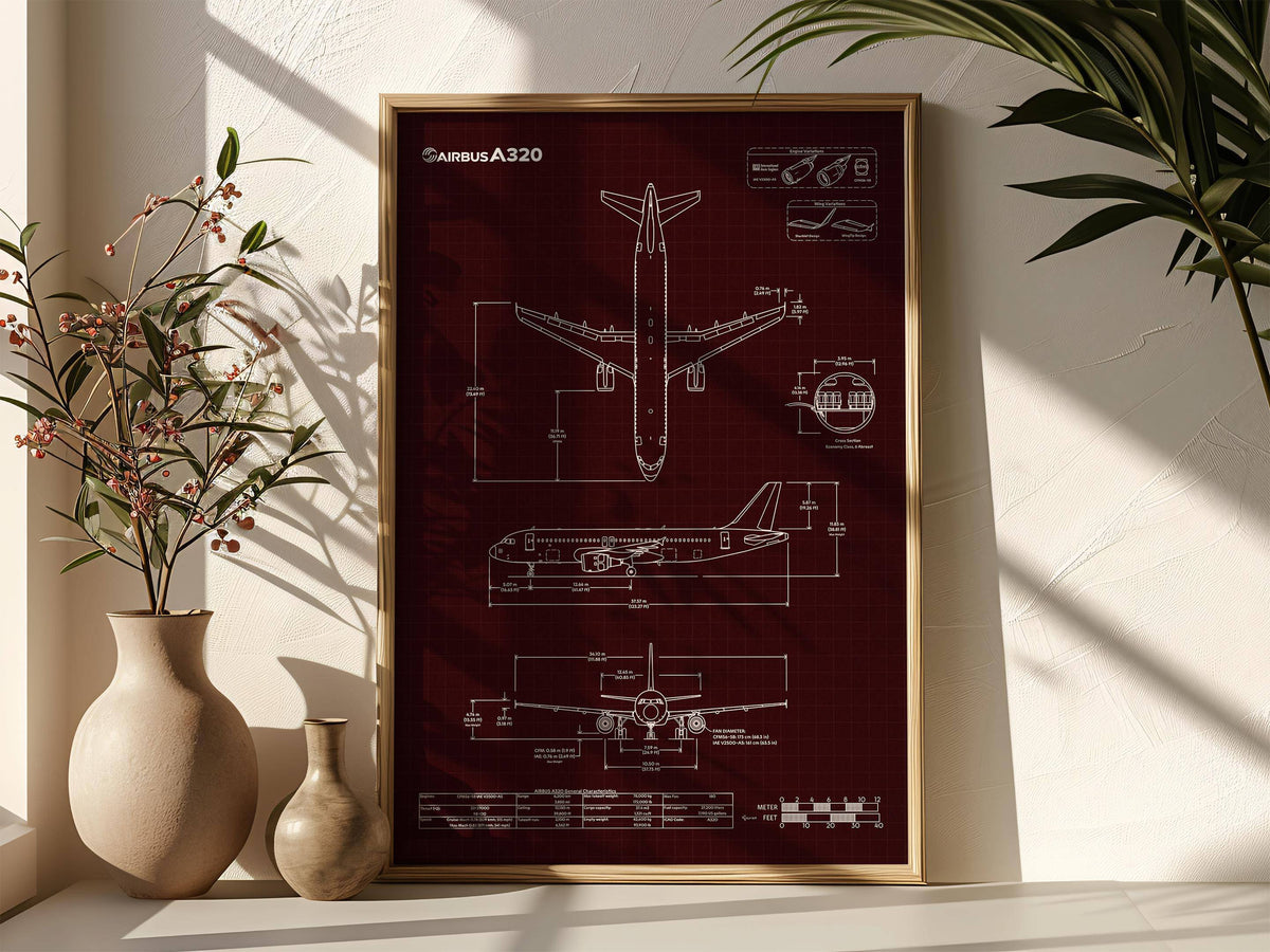 FlyKit Airbus A320 Portrait Blueprint Poster with detailed airplane design in a wooden frame on a sunlit shelf