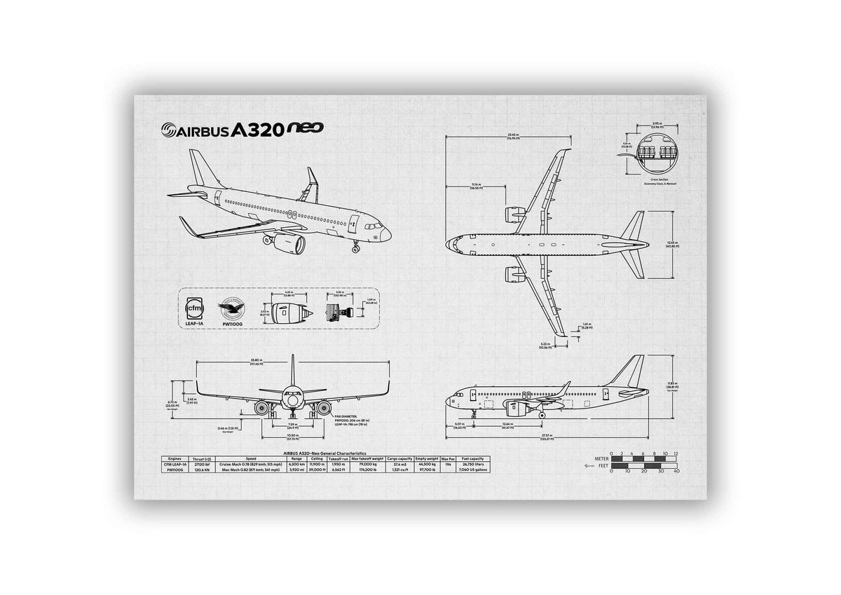 FlyKit Airbus A320neo Landscape Blueprint Poster showing detailed aircraft technical drawings and dimensions