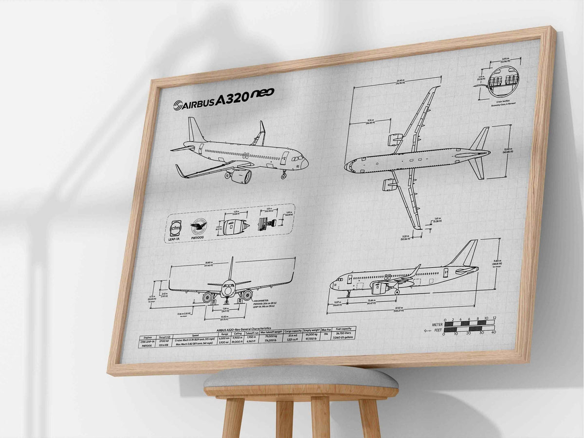 Airbus A320neo Landscape Blueprint Poster by FlyKit showing detailed airplane technical drawings