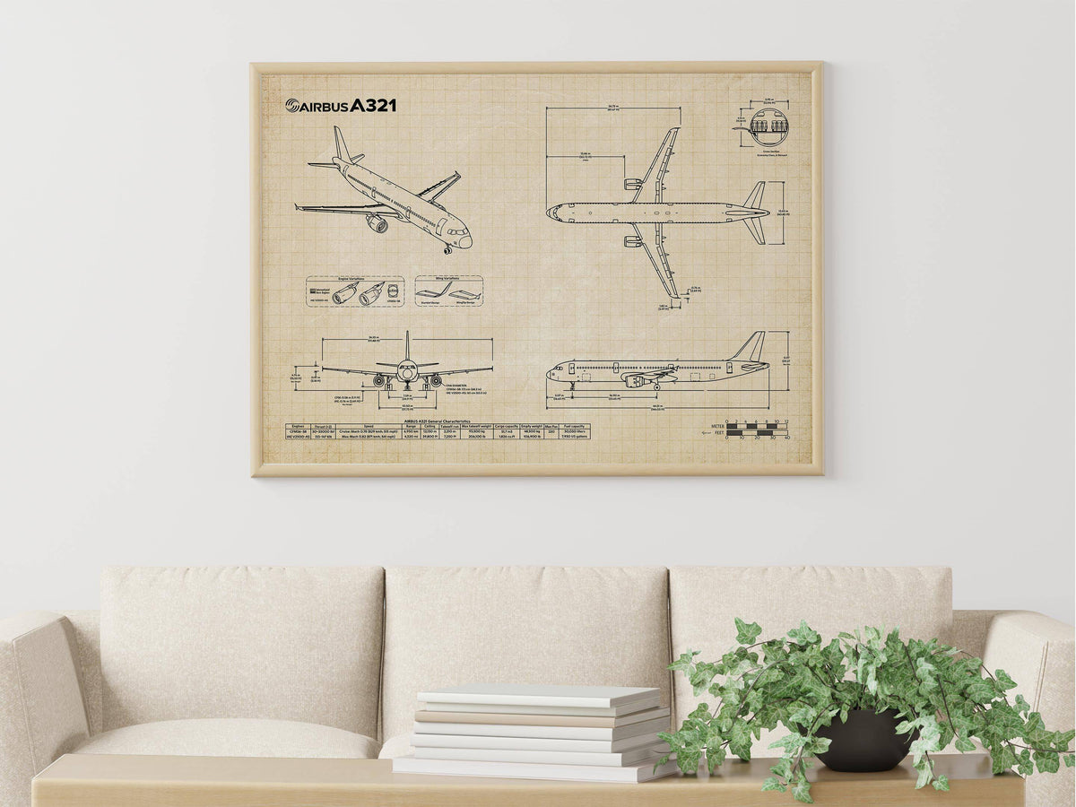 Airbus A321 Landscape Blueprint Poster showing detailed aircraft design hung above beige sofa in living room