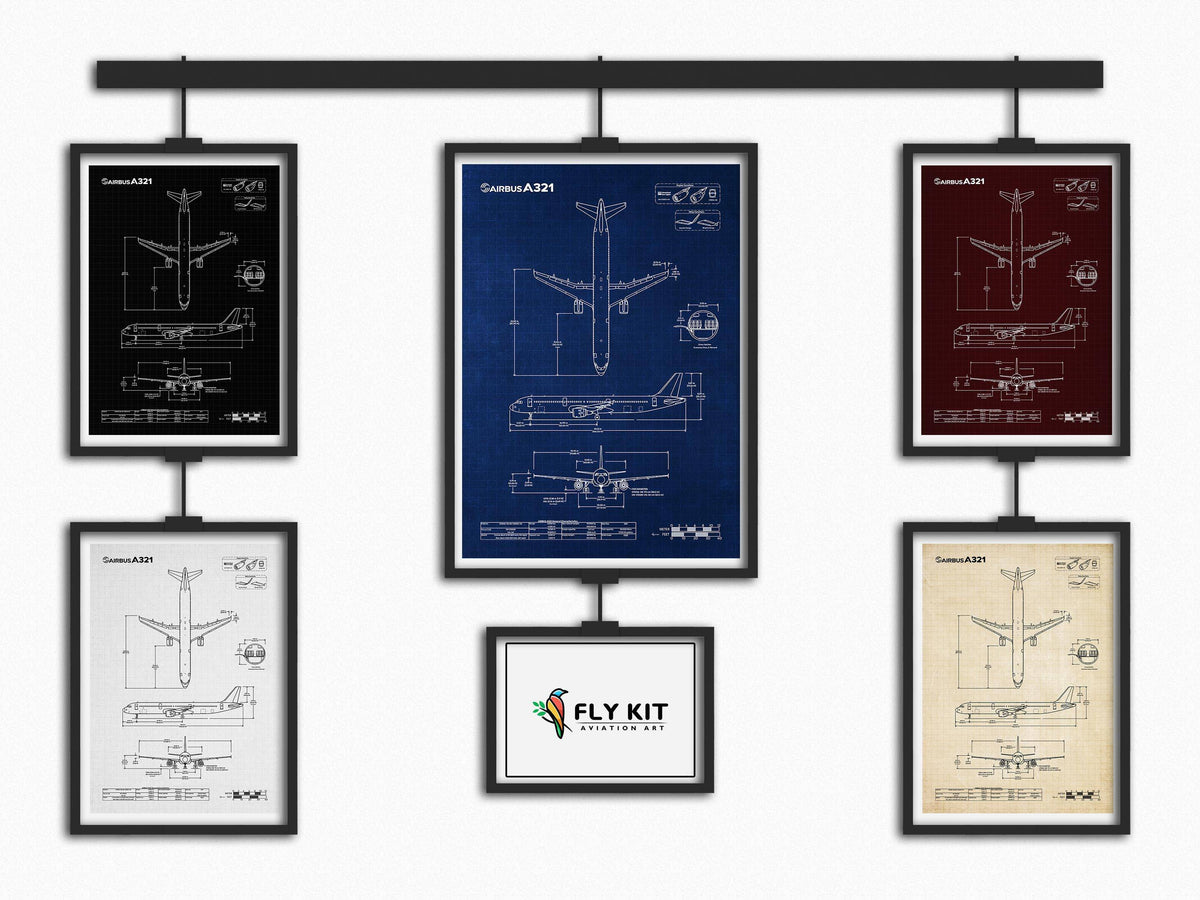 FlyKit Airbus A321 Portrait Blueprint Poster in various colors showing detailed aircraft design