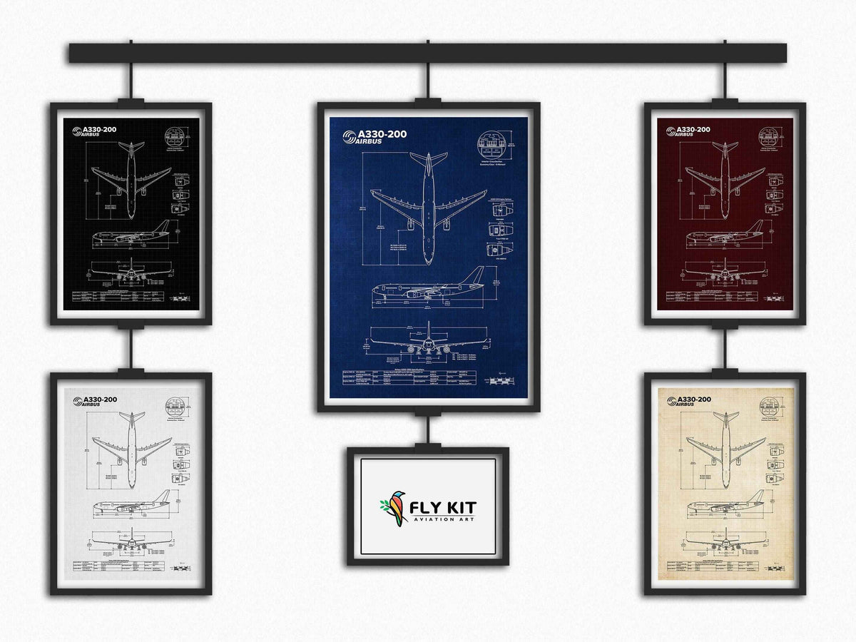 Airbus A330-200 Portrait Blueprint Poster by FlyKit showing detailed aircraft design in multiple color variants