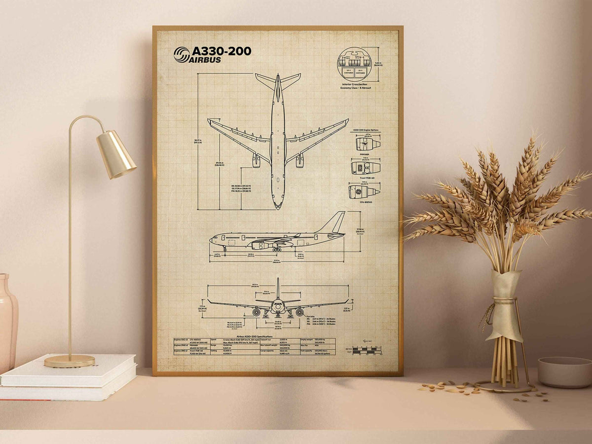 Airbus A330-200 Portrait Blueprint Poster by FlyKit showing detailed aircraft technical drawings