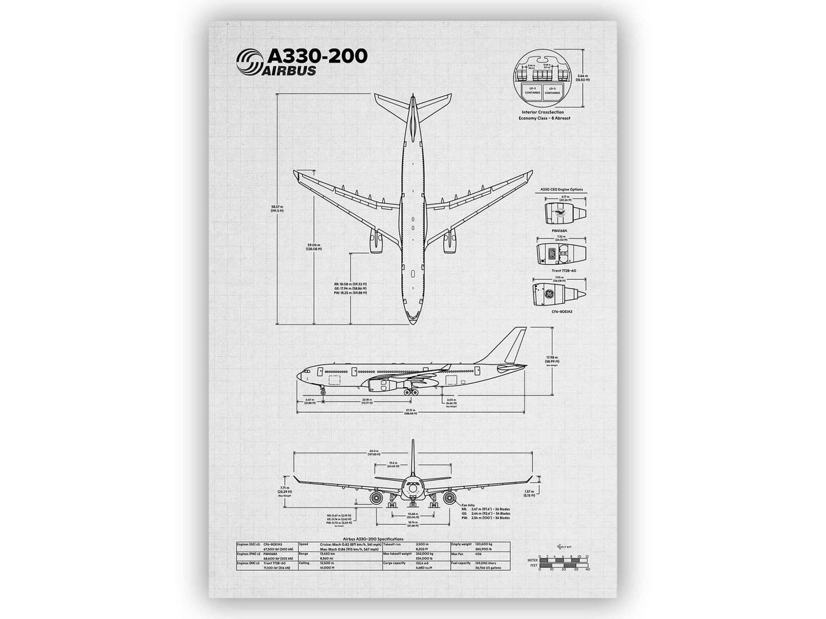 Airbus A330-200 Portrait Blueprint Poster by FlyKit showing detailed aircraft dimensions and views
