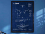 Airbus A330-300 Portrait Blueprint Poster by FlyKit showing detailed technical aircraft drawings on blue background