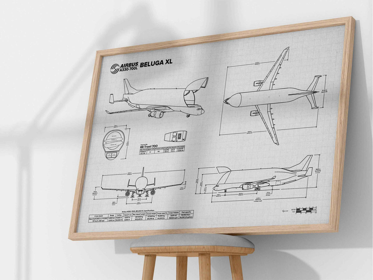 Airbus A330-700XL Beluga Landscape Blueprint Poster by FlyKit showing detailed aircraft technical drawings