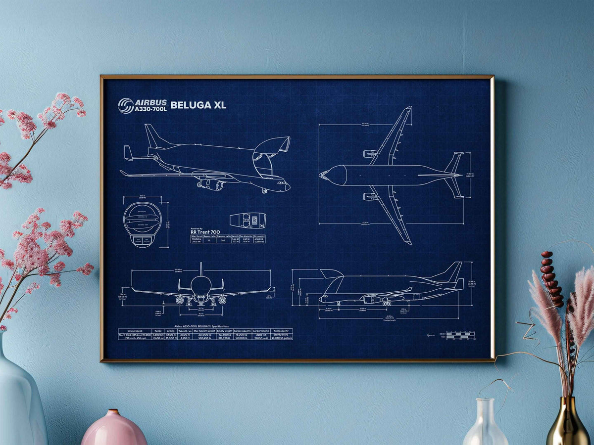 Airbus A330-700XL Beluga Landscape Blueprint Poster by FlyKit showing detailed aircraft technical drawings on blue background