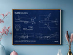 Airbus A330-700XL Beluga Landscape Blueprint Poster by FlyKit showing detailed aircraft technical drawings on blue background