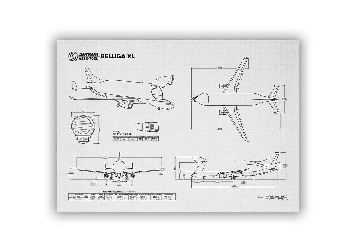 Airbus A330-700XL Beluga Landscape Blueprint Poster by FlyKit showing technical aircraft design in black and white