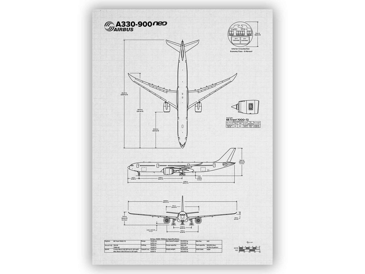 Airbus A330-900 Portrait Blueprint Poster by FlyKit showing detailed aircraft dimensions and design